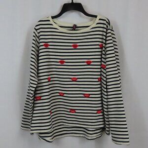 Betsey Johnson Long Sleeved Sweatshirt with Lips Black and White Stripes Sz. 2X